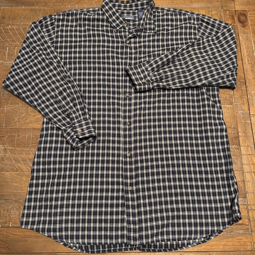 Premier International Plaid Button Up Shirt Mens 2XL Long Sleeve Black White